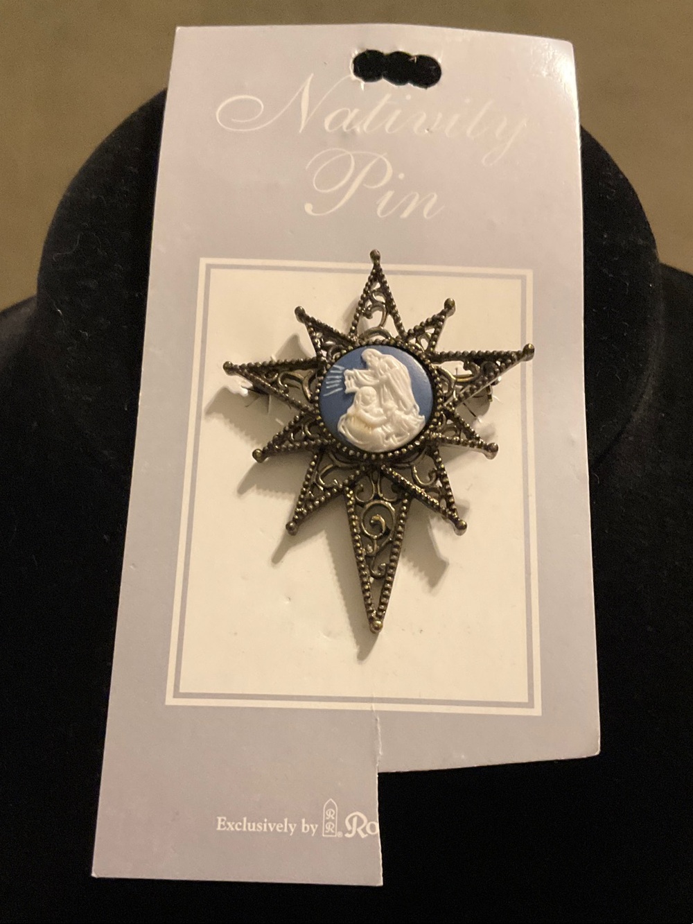 Blue Cameo Holy Family Starburst Brooch with Antique Gold Tone Filigree